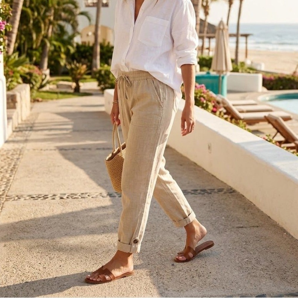 Linen Blend Jogger Pants Womens Small Beige Drawstring Elastic Waist Resort